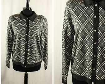 Vintage 80s Eccobay Cardigan Top Plaid Black White Grey Silver Collared Sweatshirt Retro 1980s