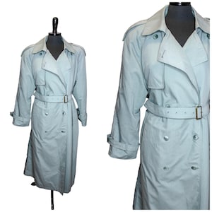 Vintage London Fog Green Trench Coat Belted Long Double Breasted Padded Shoulders Size 10 Retro Coat