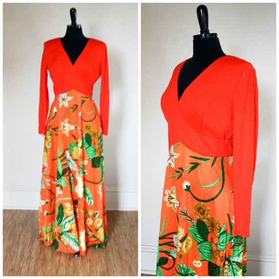 Vintage Orange Maxi Dress V Neck Tropical Flowers… - image 1