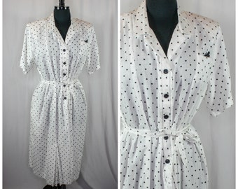 Vintage 80s Polka Dot Dress Nancy II Belted White Black Short Sleeves Collared Shirtdress Swing Dress 1980s Retro