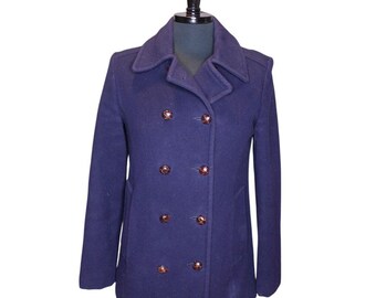 Vintage L.L. Bean Wool Peacoat Double Breasted Wooden Buttons Classic Blue Size 8