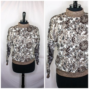 Vintage Saisonkarte Pullover Sweatshirt Top Paisley Blumendruck Schulterpolster Creme Tan Braun Größe M