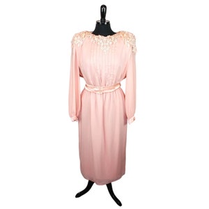 Vintage 80s Midi Dress Peach Lace Padded Shoulders Layered Retro 1980s