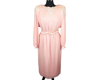 Vintage 80s Midi Dress Peach Lace Padded Shoulders Layered Retro 1980s