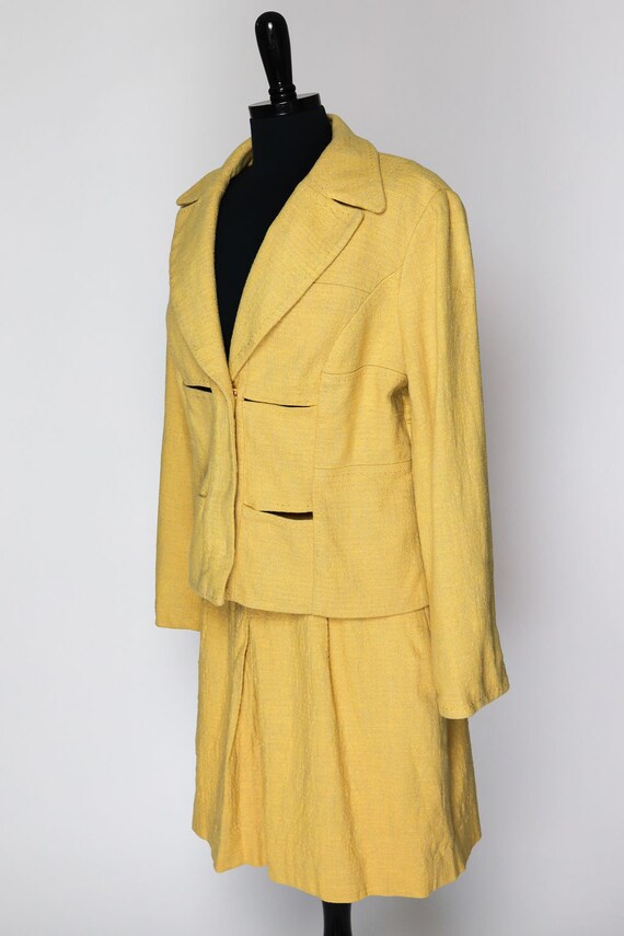 Vintage 90s Skirt Suit Yellow Cotton Linen Two Pi… - image 3