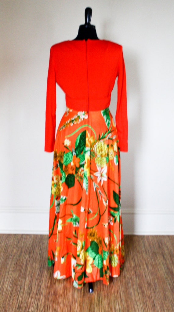 Vintage Orange Maxi Dress V Neck Tropical Flowers… - image 5