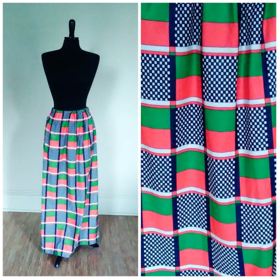 Vintage Maxi Skirt 60s Geometric Squares Orange G… - image 1