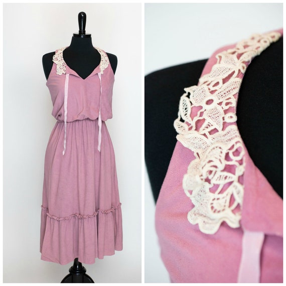 Vintage Pink Prairie Dress Act 1 New York 70s Lac… - image 1