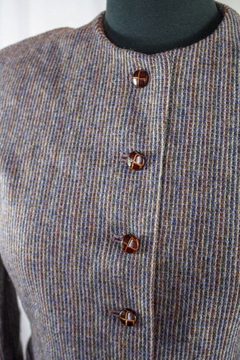 Vintage Saville Blazer Jacket Wool Tweed Wooden Buttons Grey Blue Brown Short Jacket Retro image 3