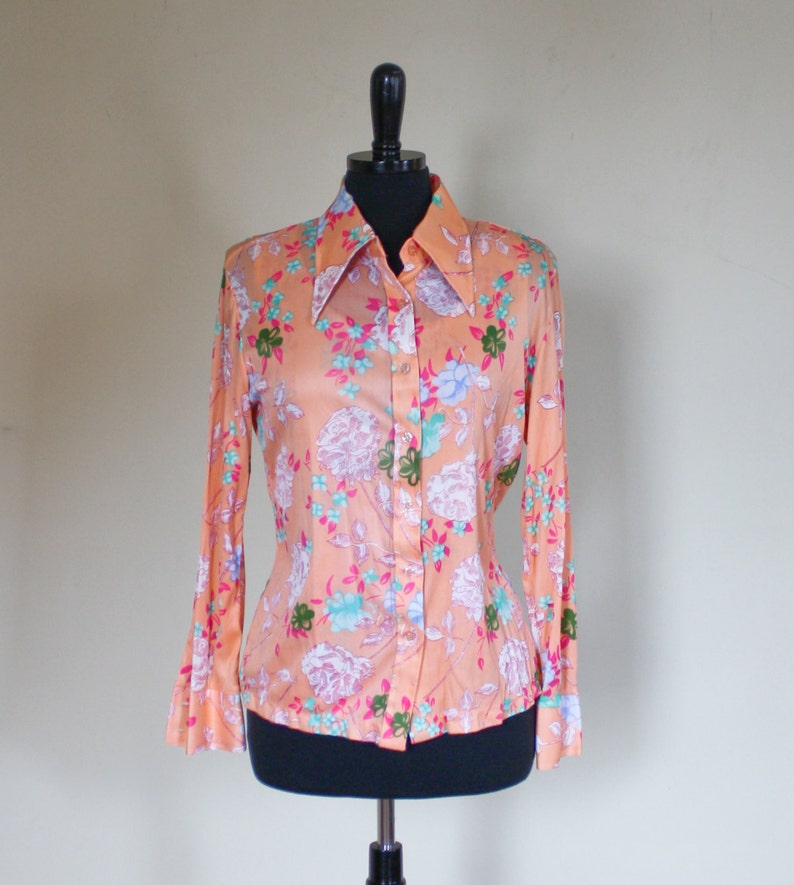 Vintage 1970s Blouse And Tank Set Peach Mint Green Flowers Roses Butterfly Collar Two Piece image 5