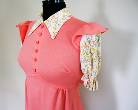 Vintage 1960s Maxi Dress Coral Peach Polyester Fl… - image 4