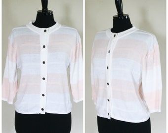 VIntage 1980s A righe Cardigan Maglione Rosa e Bianco Shapely Magliecilla