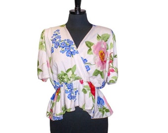 Vintage 80s NY Invasion Blouse Top Cross Front Peplum Short Sleeves Floral Linen Size L Retro 1980s