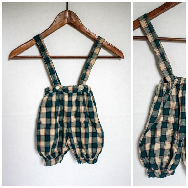 Vintage Kids Shorts Jumper Overalls Plaid Green Tan Light Brown 50s 60s  Retro Boys