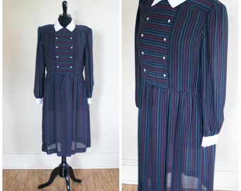 Vintage Gloria Vanderbilt Dress Navy Blue Rainbow Pin Stripes White Collar Cuffs Size 6