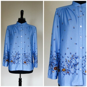 Vintage Blouse Blue Brown Flowers Folk Flower Design 1960s Long Sleeve Button Up Retro 60s 70s