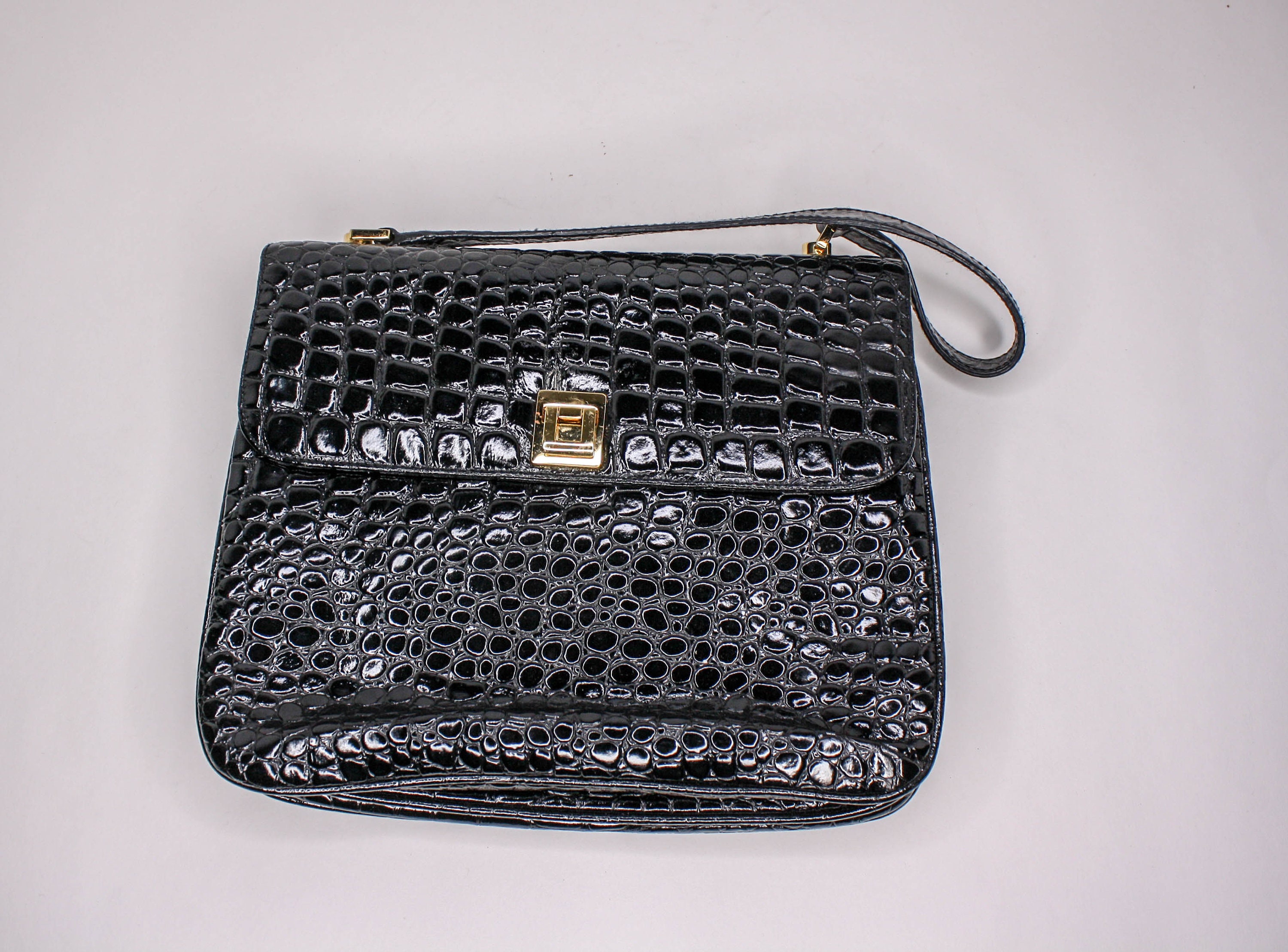 VINTAGE LORD & TAYLOR BROWN EMBOSSED ALLIGATOR PATTERN HANDBAG HANDLES &  STRAP