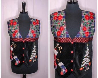 TanTrums Vintage Christmas Vest Holiday Velvet Plaid Corduroy Quilted Size M