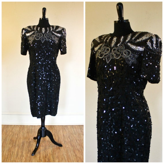 Vintage Black Silver Sequin Beaded Silk Dress Robert Anthony | Etsy