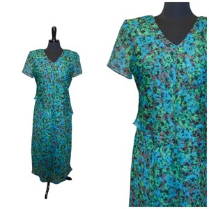 Vintage 90s R&K Originals Midi Dress Blue Green Floral Short Sleeves Sheer Layers Retro 90s 80s