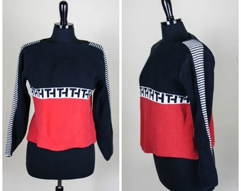 Vintage 90s Tommy Hilfiger Cropped 15 1/2Sweater Black Red White Striped Shoudlers Sleeves Retro 1990s XL