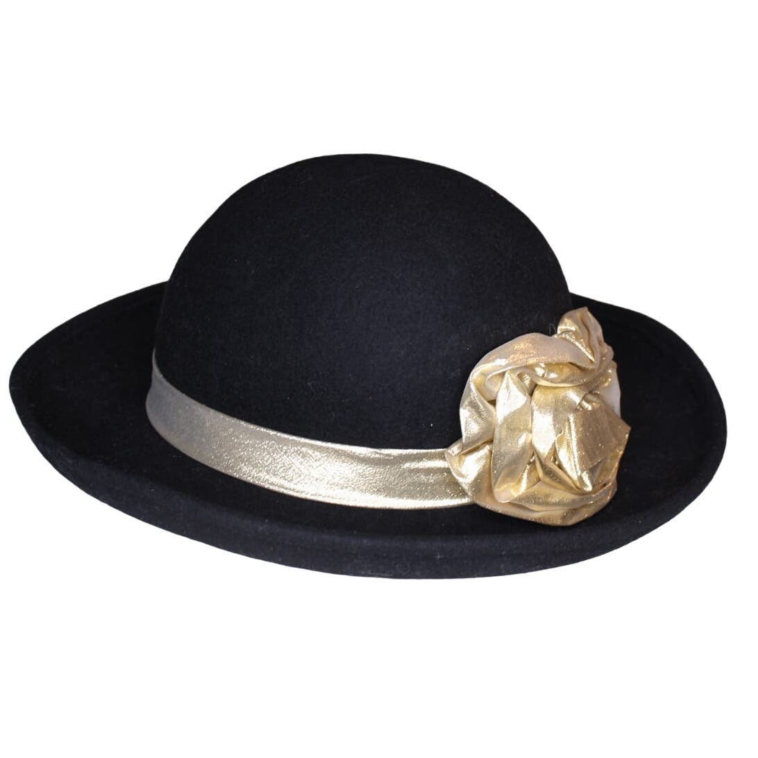 Vintage 1980s Formal Hat Wide Brim Black Wool Metallic Gold