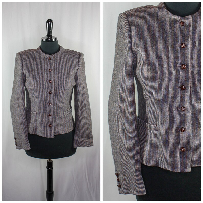 Vintage Saville Blazer Jacket Wool Tweed Wooden Buttons Grey Blue Brown Short Jacket Retro image 1