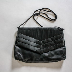 Vintage Black Satin Clutch Purse Dover Optional Shoulder Strap Chevron Envelope Style 70s 80s Evening Bag