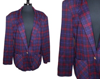 Vintage Cape Cod Match Mates Plaid Blazer Lightweight Cotton Blend Red Blue Black Shoulder Pads Retro 80s