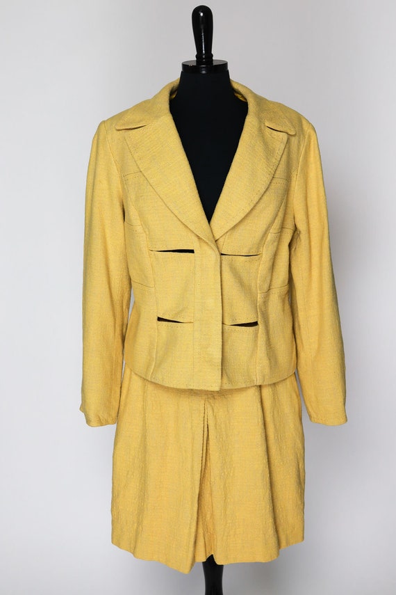 Vintage 90s Skirt Suit Yellow Cotton Linen Two Pi… - image 2