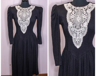 Vintage 80s Expo Petite Black Midi Dress Victorian Goth Prairie White Lace Puff Shoulders Wool Acrylic