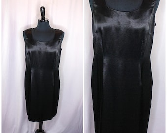 Vintage R&M Richards By Karen Kwong Vestido sin mangas Negro brillante Mini Cóctel de noche Retro Little Black Dress