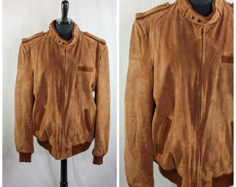 Vintage Classic Directions Brown Leather Bomber Jacket Faux Fur Lined Retro 80s 90s