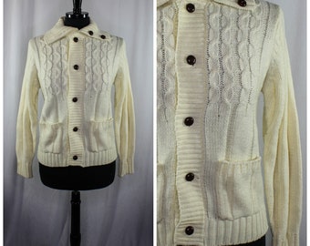 Vintage Girls Cardigan Sweater Cable Knit Collar Cream JCPenney Retro Knit Sweater Size L
