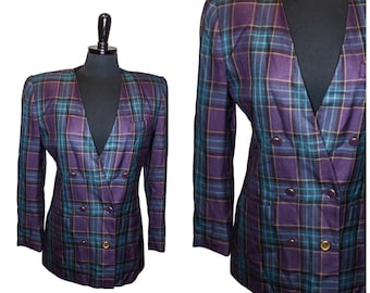 Vintage 80s Stirling Cooper Plaid Blazer Double Breasted  Purple Blue Black Yellow Size 6 Retro 1980s