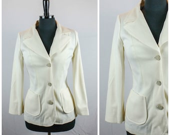 Vintage 70s Mr Sweet Original Blazer Jacket Cream Off White Butterfly Collar 1970s Retro