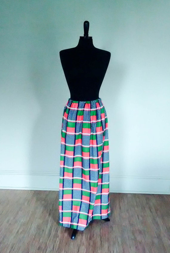 Vintage Maxi Skirt 60s Geometric Squares Orange G… - image 2