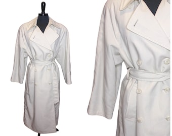 Vintage London Fog Trench Coat Double Breasted Belted Cream Off White Size 10 Petite
