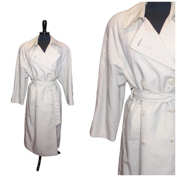 Vintage London Fog Trench Coat Double Breasted Belted Cream Off White Size 10 Petite