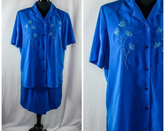 Vintage Koret Set Short Sleeve Blouse Shorts Flower Embroidery Buttons Blue Culottes Size M Retro 90s