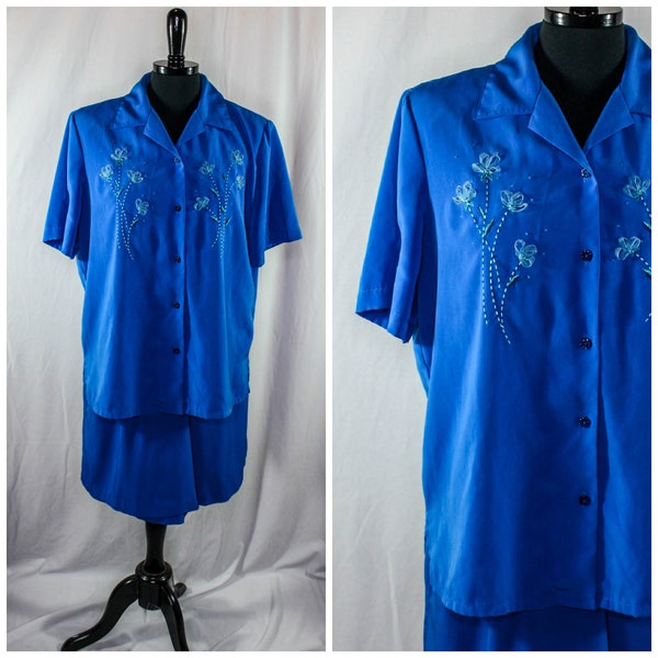 Vintage Koret Set Short Sleeve Blouse Shorts Flower Embroidery Buttons Blue Culottes Size M Retro 90s