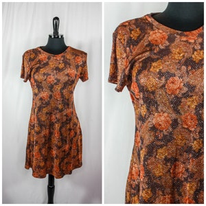 Vintage 90s Citi Dress Glitter Mini Dress Floral Print Brown Orange Retro 1990s Y2K