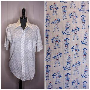 Vintage 417 Van Heusen Sailor Anchor Print Button Up Short Sleeve Shirt White Blue Red 16 Inch Neck