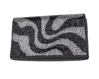 Vintage Walborg Beaded Clutch Purse Black Silver Wavy Stripes Zebra Print Retro Evening Bag