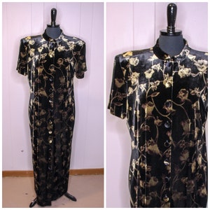 Vintage 90s Velour Maxi Dress J. Stevens By Carol Escritor Black Gold Floral Print Short Sleeves