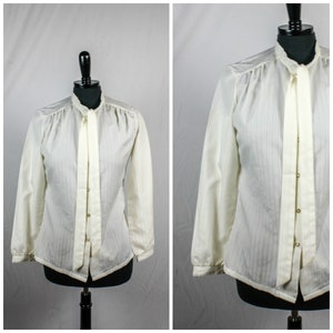 Vintage Oak Hill White Button Down Top Secretary Blouse Tie Neck Textured Stripes 70s 80s