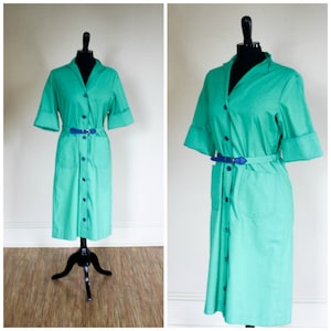Vintage 1970s Serbin Shirt Dress Kelly Green Cotton Belted Size 8