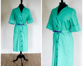 Vintage 1970s Serbin Shirt Dress Kelly Green Cotton Belted Size 8