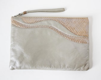 Vintage Ruth Saltz Handbag Leather Clutch Pearlescent Tan Grey Snakeskin 1980s