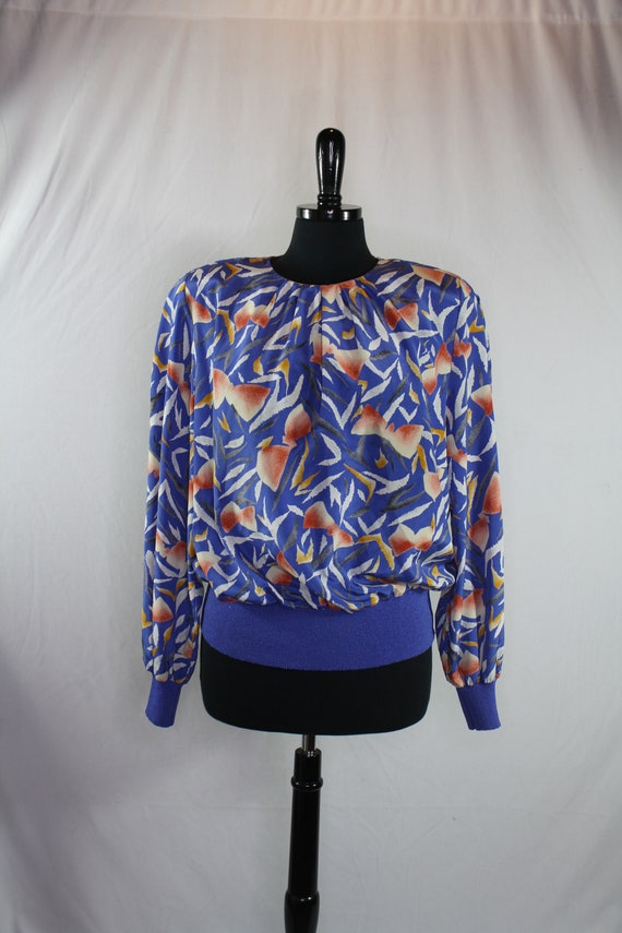 Vintage 80s Blouson Blouse Graphic Print Long Sle… - image 2